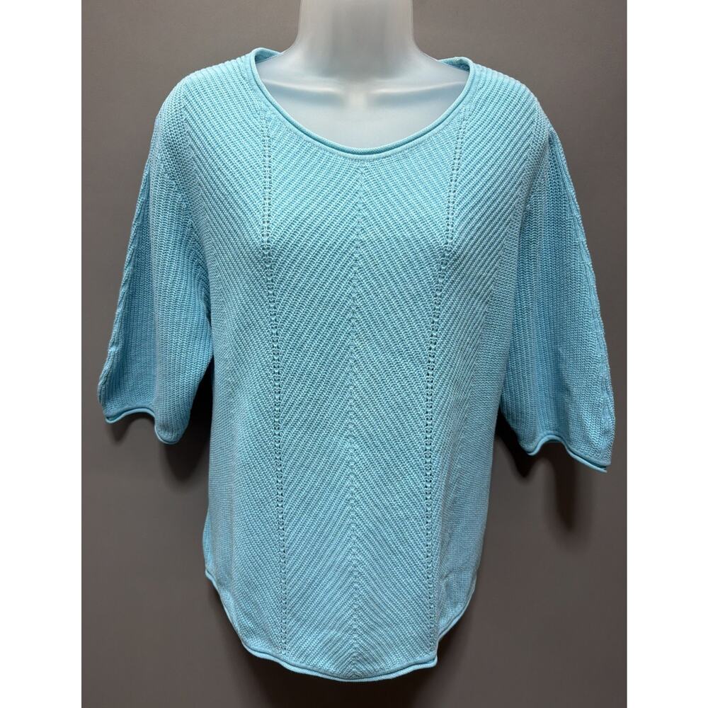 Norm Thompson Womens XL Short Sleeve Open Knit Tunic Top Blue Linen Blend